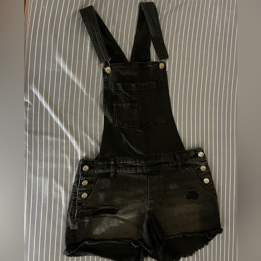Black Denim Overall Shorts